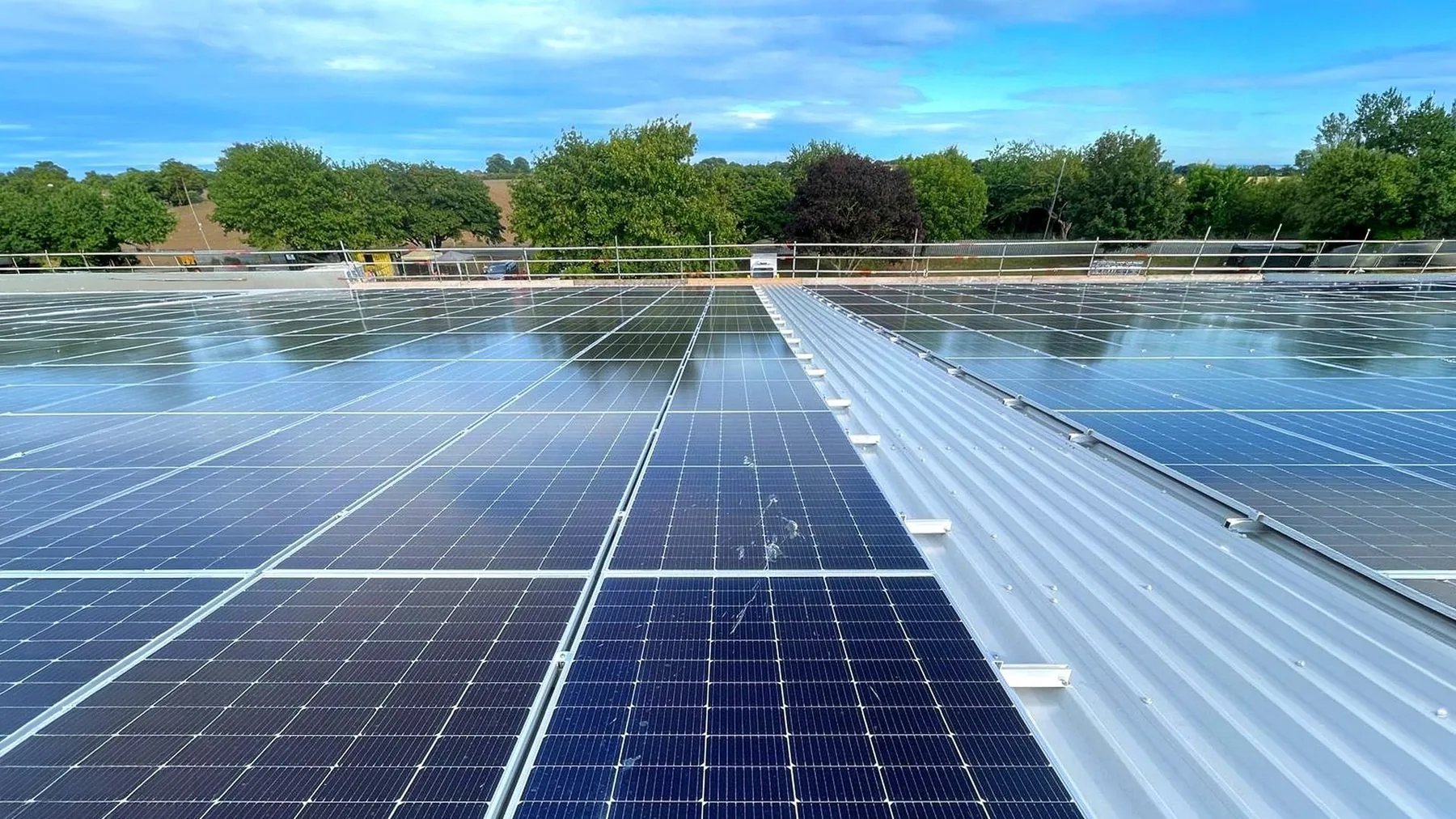 Completed solar panel installation across the Booker Broadstairs rooftop — rural treeline visible beyond the roofline, the works environment during the bird-management programme