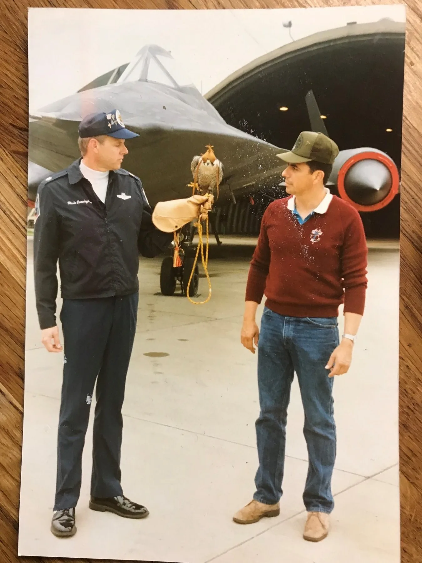 Wayne Davis in red jumper holding a hooded falcon beside a USAF officer in front of a jet engine intake at a USAF installation in the UK