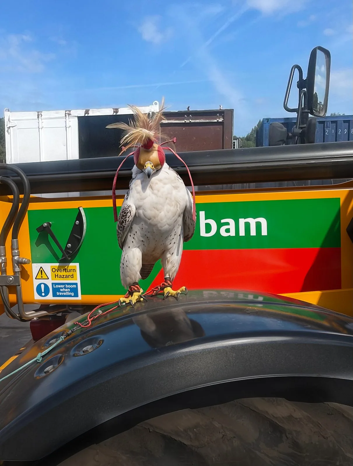 Hooded gyrfalcon perched on yellow BAM excavator at The Salesian Academy demolition site — BAM livery and site vehicles visible behind
